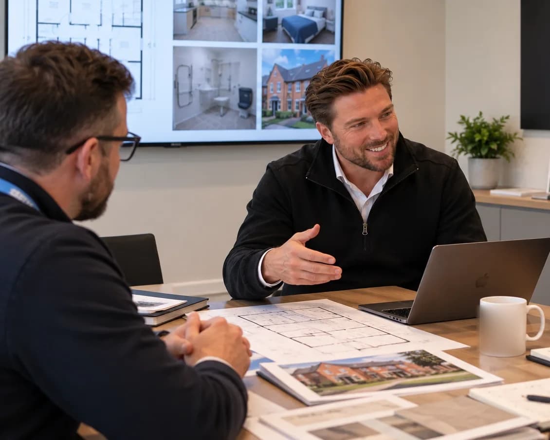 Three people in a meeting reviewing floor plans and interior photographs of specialist accommodation