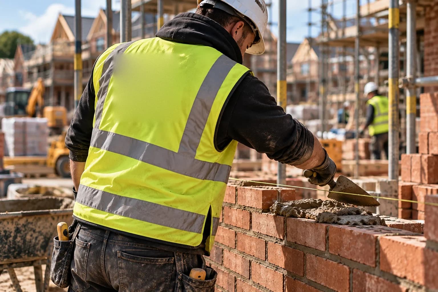 A bricklayer laying brickwork to a line on a residential construction site