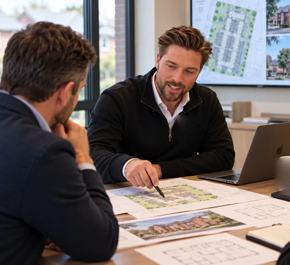 A development team presenting a site layout and scheme visuals to seated colleagues