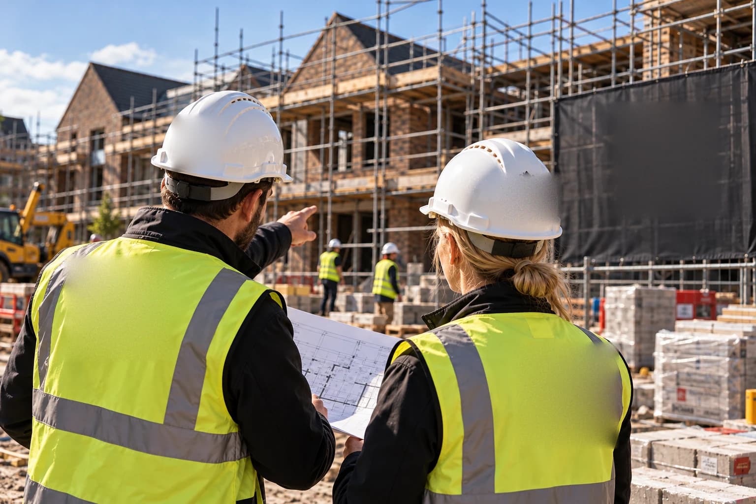 Two people in hard hats and hi-vis reviewing drawings in front of a part-built terrace under scaffolding