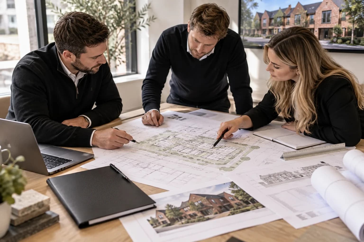 A design team reviewing site layout drawings and elevations around a table