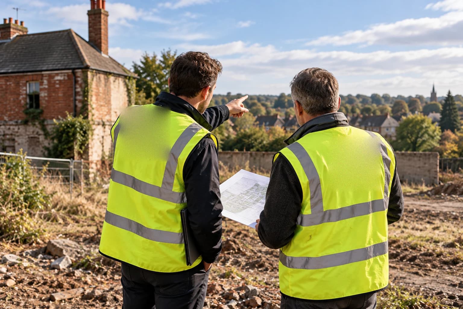 Two people in hi-vis on a cleared site, one pointing towards the surrounding houses, the other holding a site layout drawing